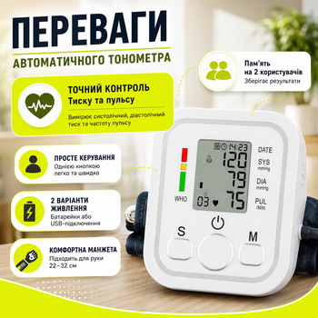 Автоматический плечевой тонометр Digital Arm Style с памятью для двух пользователей, измерением давления и пульса, питанием от батареек или USB и манжетой 22-32 см