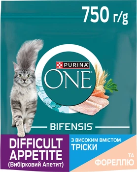 Сухий корм для дорослих котів Purina One Difficult Appetite з тріскою та фореллю з вибірковим смаком у їжі 750 г (8445291802780)