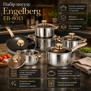 Набор посуды Engelberg EB-8013 из нержавеющей стали с крышками посуда для всех видов плит индукционной газовой электрической