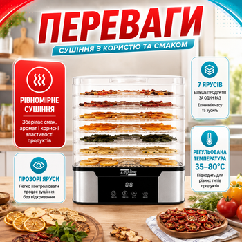 Сушарка для продуктів Zepline ZP-00349 1000 Вт із 7 прозорими ярусами та регульованим термостатом 35–80 °C дегідратор для сушіння овочів фруктів ягід зелені трав м’яса та риби