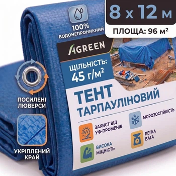 Тент Agreen 8х12м 45г/м² з люверсами тарпаулін синій 10705047