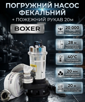 Фекальний насос ONEX 3950 Вт занурювальний з пожежним рукавом 20 м продуктивність 20000 л год висота підйому 28 м підключення 1 1 5 2 дюйми 230 В