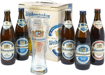 Набор пива Weihenstephaner (Original светлое фильтрованное 5.1% 0.5 л x 2 шт, Hefeweissbier белое нефильтрованное 5.4% 0.5 л x 2 шт, Dunkel темное нефильтрованное 5.3% 0.5 л x 1 шт) + бокал 0.5 л (4105120005938)