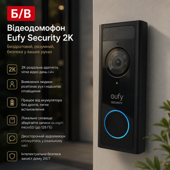 Б/в Відеодомофон Eufy Security 2K (Battery-Powered), чорний, з виявленням людини та локальним сховищем
