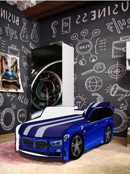 Ліжко машина ViorinaDEKO BMW 002 PREMIUM 180*80 см з ортопедичним матрацом та підйомним механізмом синє