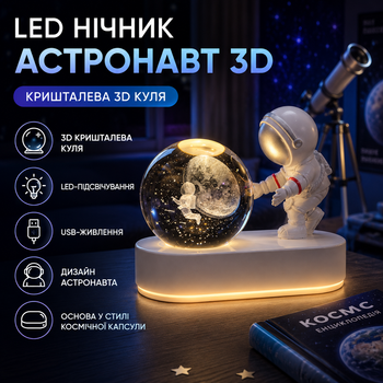 LED ночник Астронавт 3D хрустальный шар USB декоративный светильник для спальни детской комнаты и рабочего стола белый