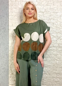 Бавовняна блуза оливкова з гороховим принтом Insta 16-103 - оливковий - M-XL