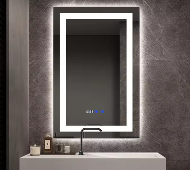 Дзеркало вертикальне прямокутне LED 80×60 см для ванної кімнати з підсвіткою, підігрівом, годинником і функцією антизапотівання