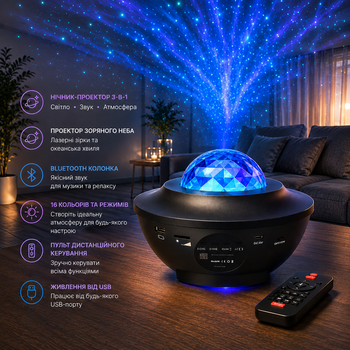 Ночник-проектор звездного неба Galaxy 3-в-1, LED-проектор с Bluetooth-колонкой, лазерными звездами, океанской волной и пультом ДУ,