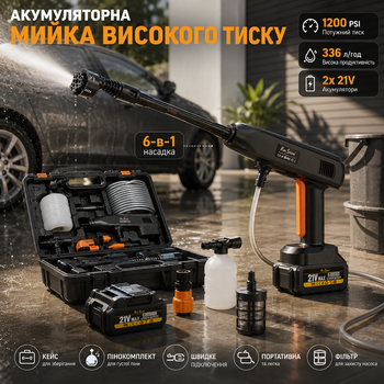 Аккумуляторная мойка высокого давления RayShine 1200 PSI: 2 батареи 21V, насадка 6-в-1, кейс, пенокомплект, 336 л/ч