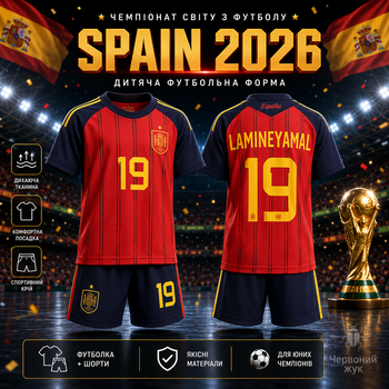 Форма футбольна дитяча Spain 2026 Lamine Yamal 19 червона синя комплект футболка та шорти розмір 24 — зріст 130–140 см