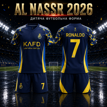 Форма футбольна дитяча Al Nassr 2026 Ronaldo 7 синя жовта комплект футболка та шорти розмір 24 — зріст 130–140 см