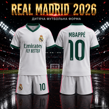 Форма футбольна дитяча Real Madrid 2026 Mbappe 10 біла зелена комплект футболка та шорти розмір 30 — зріст 155–160 см