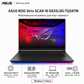 Ноутбук ігровий 18" Asus ROG Strix SCAR 18 G835LXG-TQ587W Intel Core Ultra 9 290HX 32GB 1TB SSD RTX 5090 W11 Home Off Black (90NR0LF1-M00VR0)