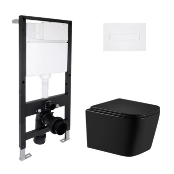 Комплект инсталляции Qtap Standard с подвесным безободковым унитазом Qtap Crow Ultra Quiet, матовый черный, белая линейная