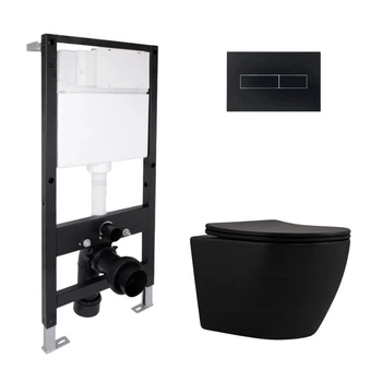 Комплект инсталляции Qtap Standard с подвесным безободковым унитазом Robin New Ultra Quiet и матовой черной панелью смыва