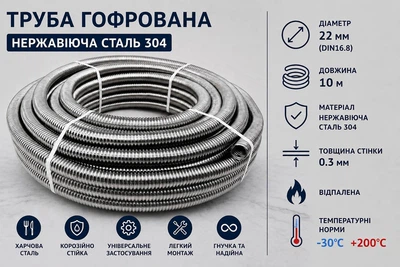 Труба гофрированная из нержавеющей стали 304 DN16.8 (22 мм) 10 м отожженная | Толщина 0,3 мм | -30°C до +200°C