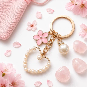 Металлический брелок для ключей и сумки, Брелок Pearl Heart Flower с жемчужным сердцем и цветком