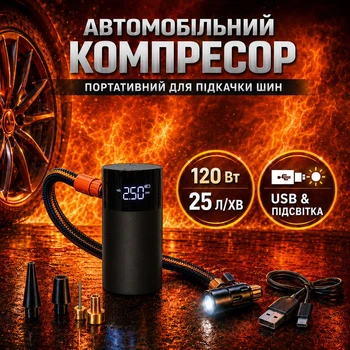 Автомобільний компресор MULTIFUNCTIONAL TIRE INFLATOR IN-2 Intelligent Tire Pressure Monitoring портативний 120 Вт з підсвіткою, USB Type-C, індикатор тиску, автокомпресор