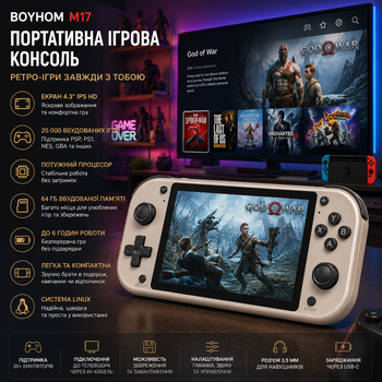 Ретро-консоль BOYHOM M17 64 ГБ | Портативная игровая приставка 4.3" IPS, 20000 игр, Linux, PSP, PS1, NES, GBA