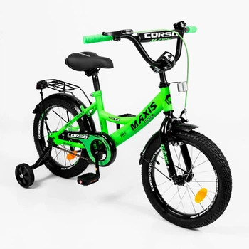 Детский двухколесный велосипед CORSO MAXIS MX-81320 16", с ручным тормозом, дополнительными колесами, звонком и сиденьем с ручкой