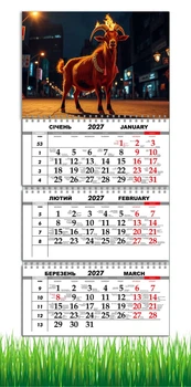 Календар настінний квартальний на 2027 рік на три пружини , Apriori, рік Кози, символ року Коза, 29,7х61см