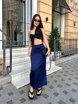 Шовкова міді спідниця, мод БЕСТ-1362, темно синій, розмір 46-48