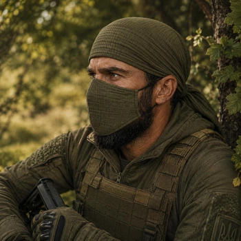 Набір тактичний Military : бандана муслінова Натуральна бавовна 60×60 см + маска для обличчя двошарова 13×22 см | Тактична хустка, військова бандана, маска мілітарі Хакі