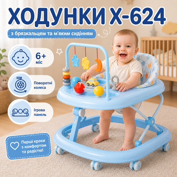 Многофункциональные детские ходунки, регулируемые по высоте, с игровой панелью, поворотными колесами, мягким сиденьем, складной конструкцией, для обучения ходьбе детей от 6 месяцев, голубые