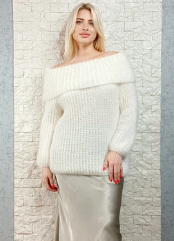 Светр фактурної в'язки з широкою горловиною білий Italy Moda 22-025 - білий - M-XL