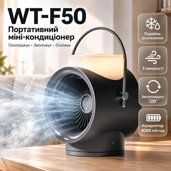 Мини-кондиционер WT-F50 – портативный вентилятор, охладитель и увлажнитель воздуха с двойным распылением, автоповоротом, LED-подсветкой, 3 скорости, аккумулятор 4000 мА·ч, USB, резервуар 350 мл, черный