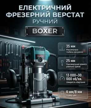 Фрезер электрический ручной BOXER 2000 Вт с набором 12 фрез цангами 6 и 8 мм регулировкой оборотов для фрезерования дерева пластика и обработки кромок