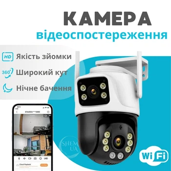 Камера видеонаблюдения Wi-Fi с двумя объективами, уличная беспроводная поворотная с ночным видением, поддержкой microSD и управлением через приложение iCSee Белая, RD-008