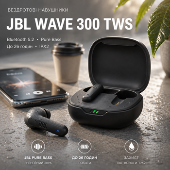 Беспроводные наушники JBL Wave 300 TWS Black Вкладыши Bluetooth наушники с Pure Bass сенсорные Черные