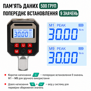 Цифровий вимірювач крутного моменту 1.5–30 Н·м електронна динамометрична насадка 1/2” і 3/8” з LCD дисплеєм