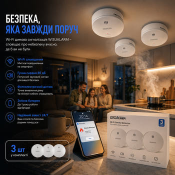 Дымовая сигнализация WISUALARM Wi-Fi 3 шт с фотоэлектрическим датчиком, уведомления на смартфон, 85 дБ, сменная батарея