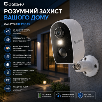 Акумуляторна Wi-Fi камера відеоспостереження GALAYOU R2 Pro 2K, AI PIR, IP65, кольорове нічне бачення, сирена, Alexa