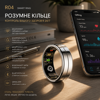 Умное кольцо R04 Smart Ring, мониторинг сердечного ритма, SpO₂, сон, HRV, 5ATM, Bluetooth, QRing App