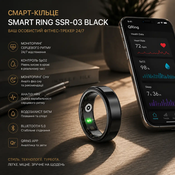 Умное кольцо Smart Ring SUNOL Black (Size 9): мониторинг здоровья, сна, давления и кислорода, IP68, iOS/Android + Зарядный кейс