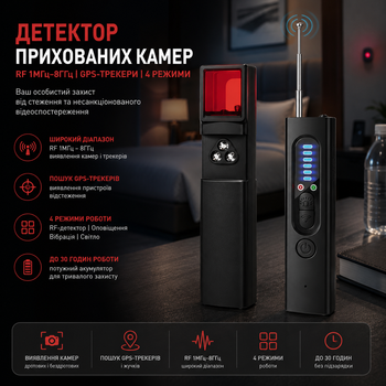 Детектор скрытых камер RF 1МГц–8ГГц с поиском GPS-трекеров, 4 режимами и батареей 30 ч