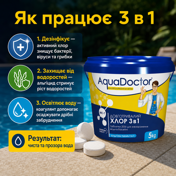 Комплексний засіб для дезінфекції басейну AquaDoctor Мультихлор 3 в 1 таблетки 200 г 5 кг