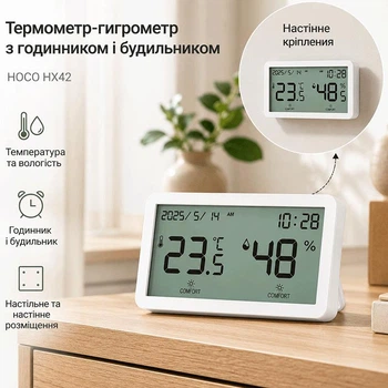 Термометр-гигрометр с часами HOCO HX42 с LCD дисплеем, измерение температуры и влажности, настенный/настольный, будильник