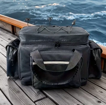 Сумка для рыбалки 50×30×25 см чёрная | Вместительная рыболовная сумка с 5 отделениями и плечевым ремнем