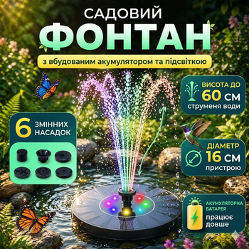 Фонтан садовый на солнечной батарее с аккумулятором и подсветкой, 1500mAh, 16см