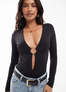 Боди с кольцом Stradivarius черный XS