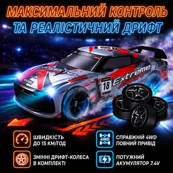 Радиоуправляемая машинка для дрифта 4WD Nissan GT-R LED подсветкой фар, полноприводная для дрифта и гонок, скорость 15 км/час (i7-143025)