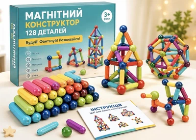 Дитячий магнітний 3D конструктор 128 деталей з магнітних паличок і кульок у подарунковій коробці – розвивальна іграшка для дітей