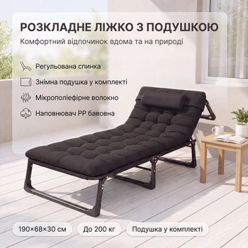 Кровать шезлонг раскладная туристическая с матрасом 190х68х30 см нагрузка 200кг черная