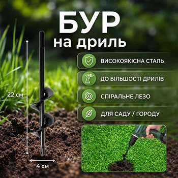 Бур на дрель для бурения в саду/огороде GardenDrill, 22х4 см