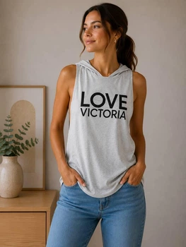 Женская майка безрукавка Victorias Secret с капюшоном Серая меланж LOVE VICTORIA ( Размер XS, S)